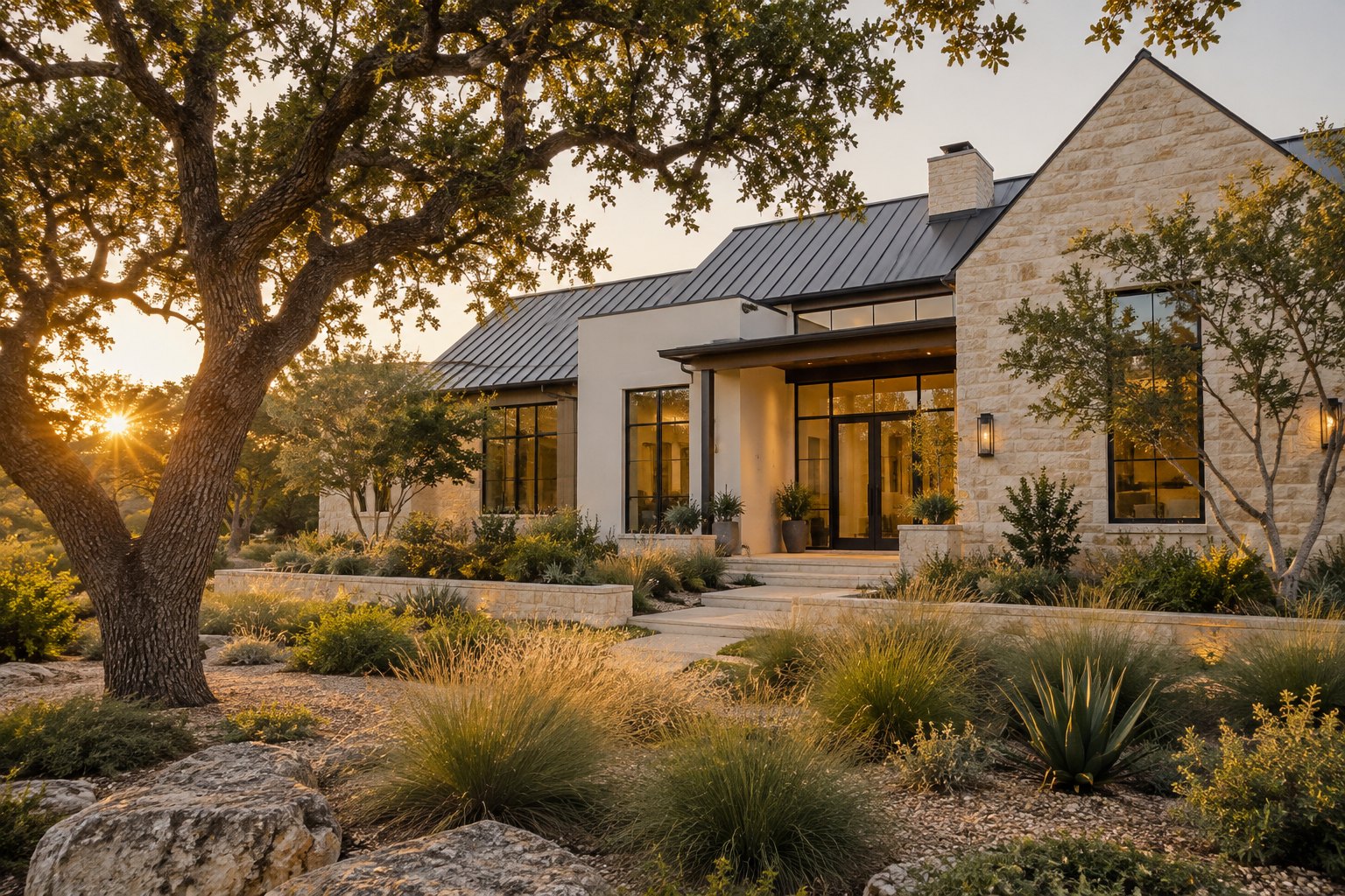 A Texas Hill Country style home with a stone facade and live oaks, illustrative