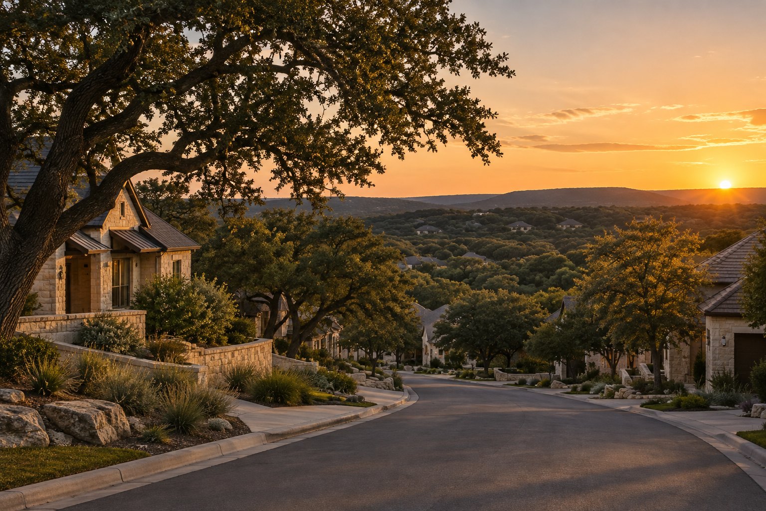 A residential Texas street with live oaks, illustrative